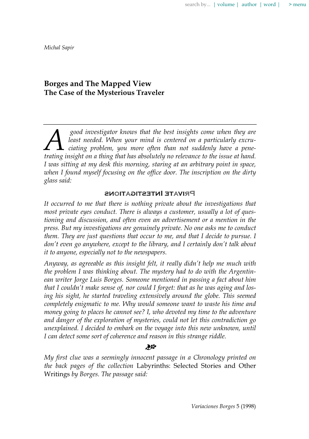 Borges and the Mapped View the Case of the Mysterious Traveler