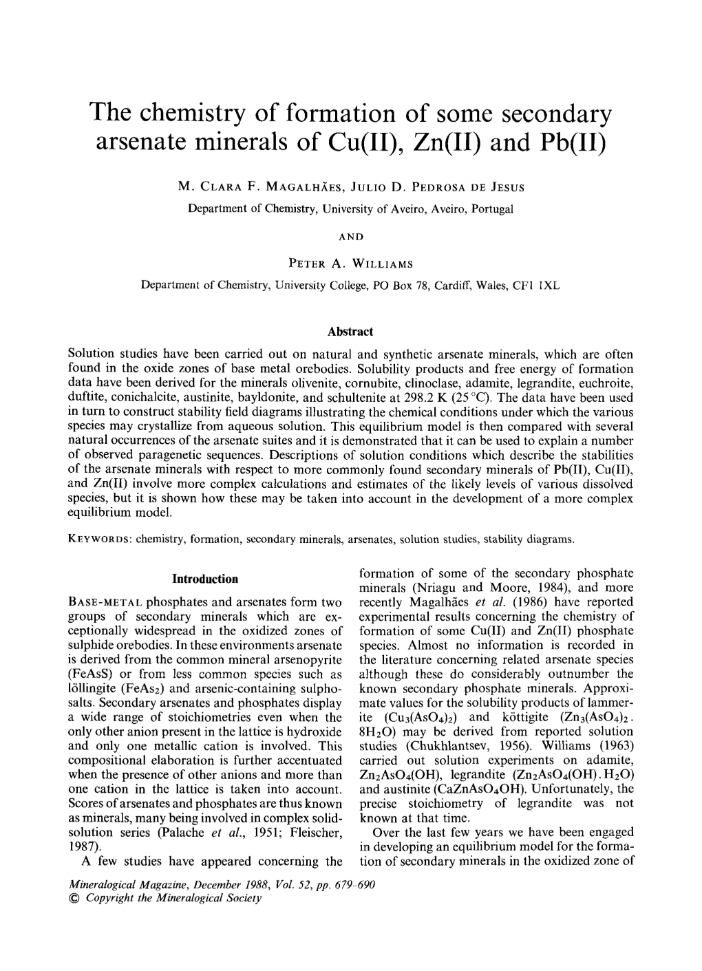 The Chemistry of Formation of Some Secondary Arsenate Minerals of Cu(II), Zn(II) and Pb(II)