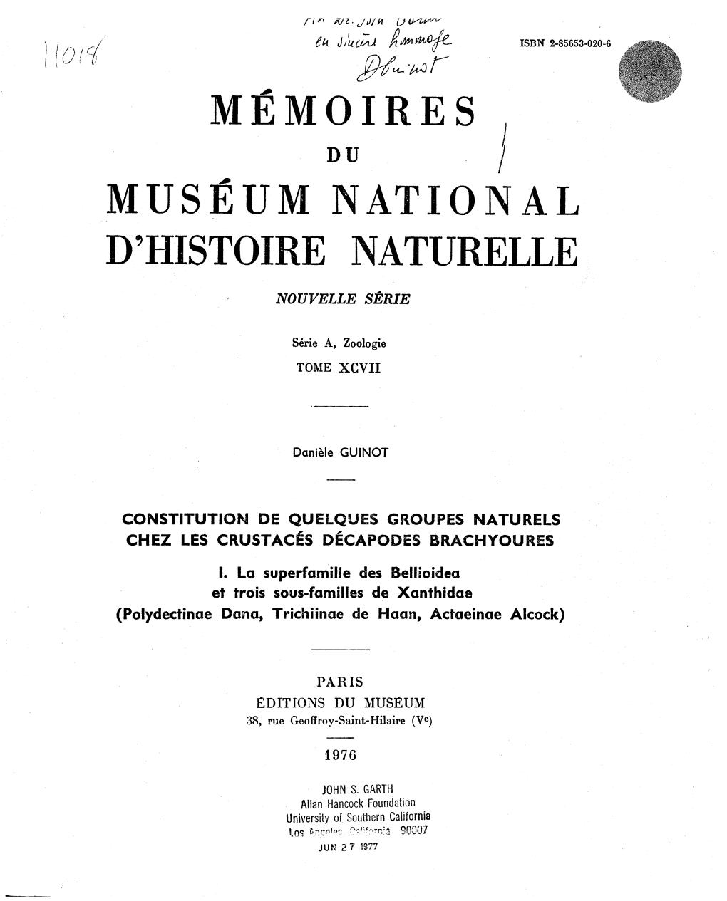 Memoires Muséum National D'histoire Naturelle