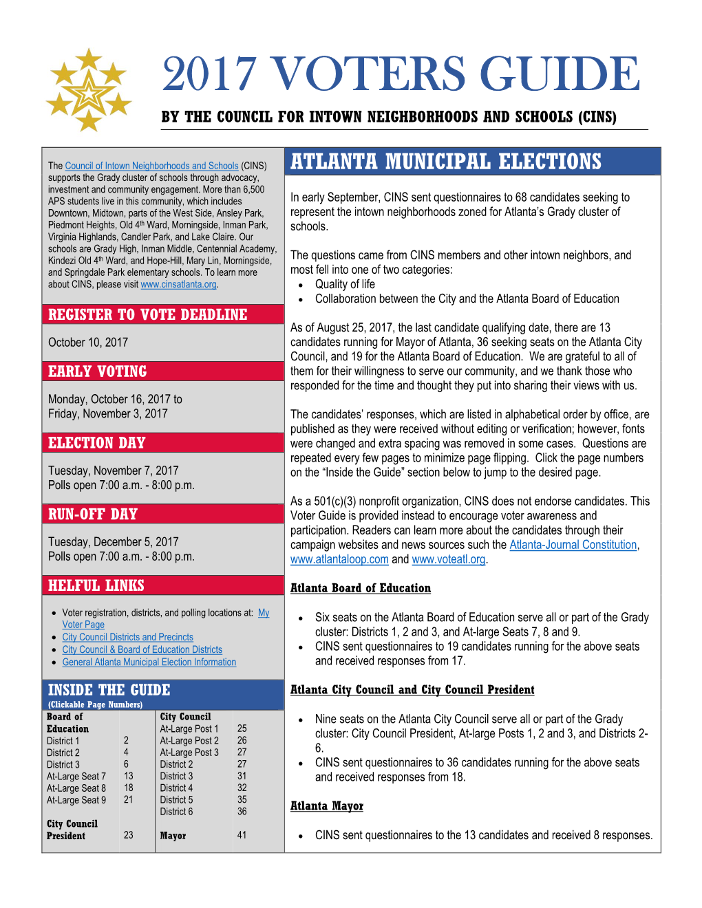 2017 Voters Guide by the Council for Intown Neighborhoods and Schools (Cins)