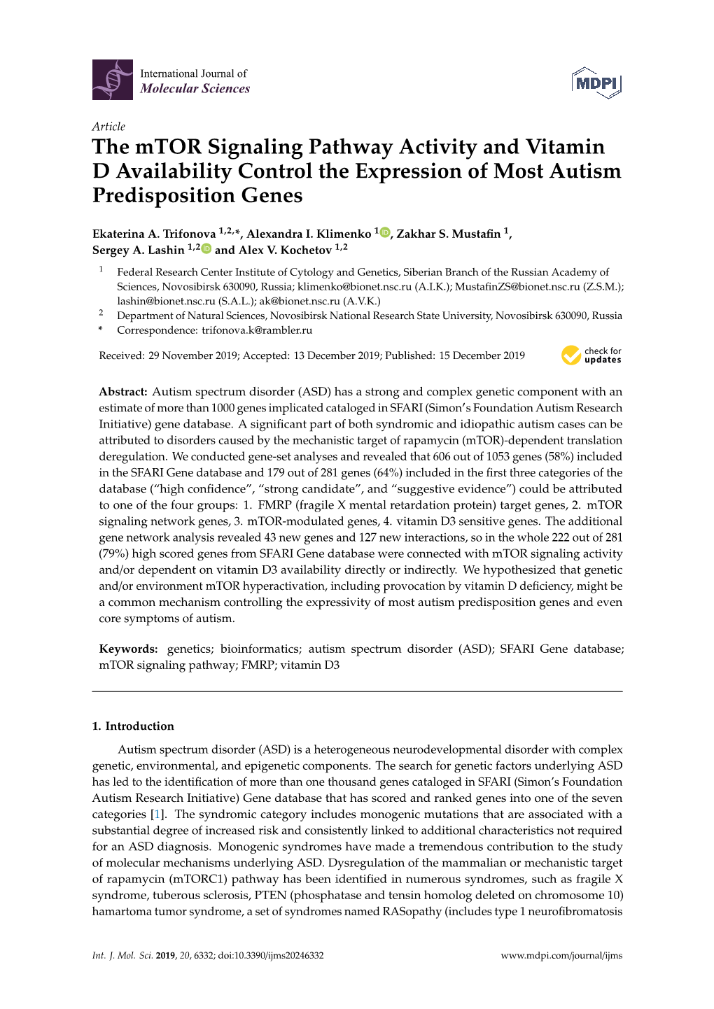 The Mtor Signaling Pathway Activity and Vitamin D Availability Control the Expression of Most Autism Predisposition Genes