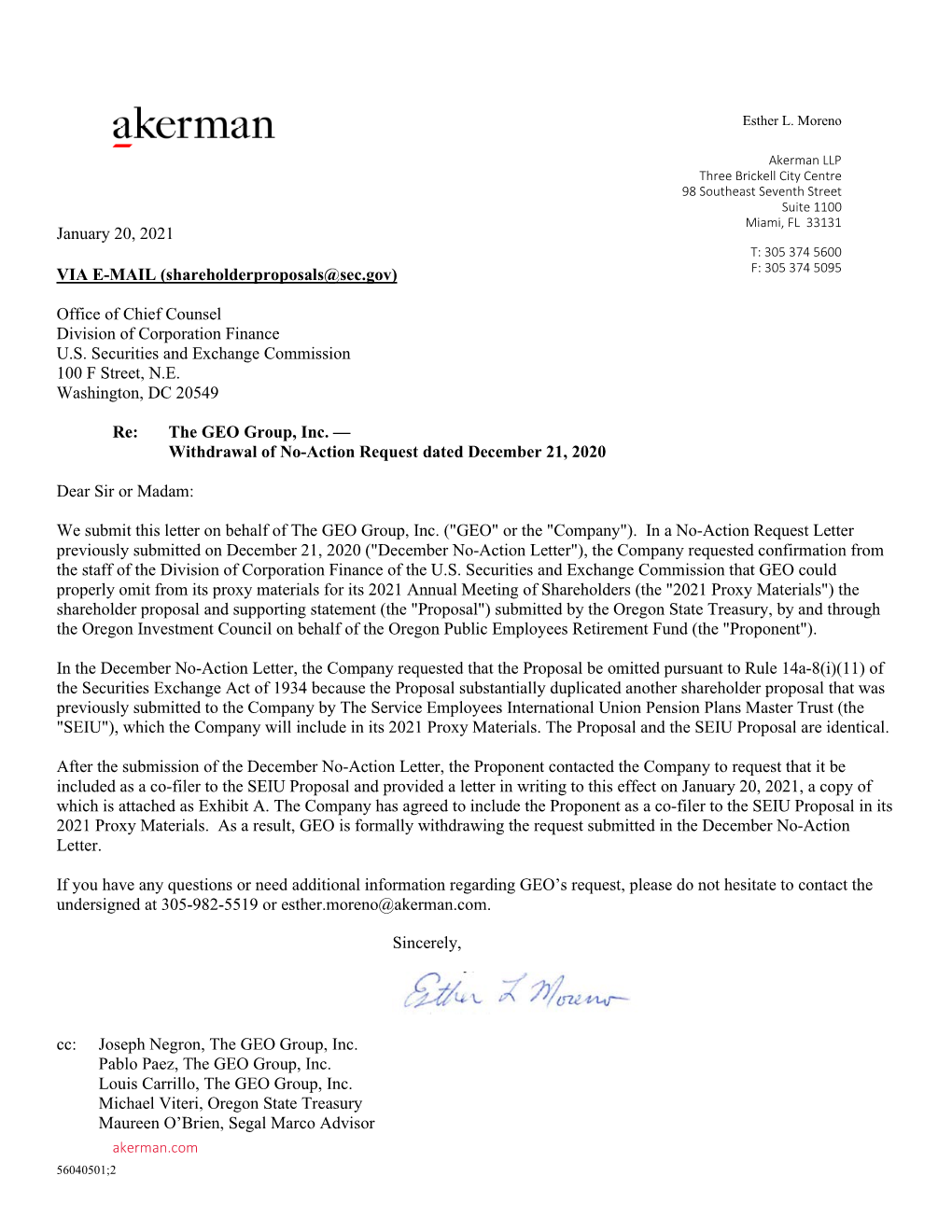 The GEO Group, Inc. — Withdrawal of No-Action Request Dated December 21, 2020