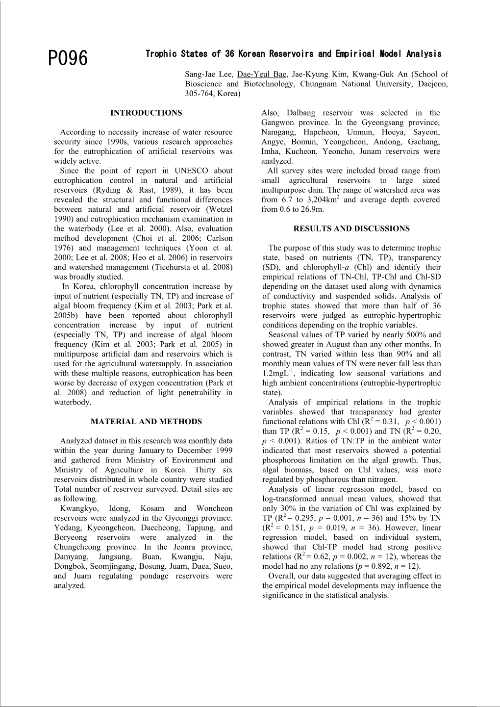 Trophic States of 36 Korean Reservoirs and Empirical