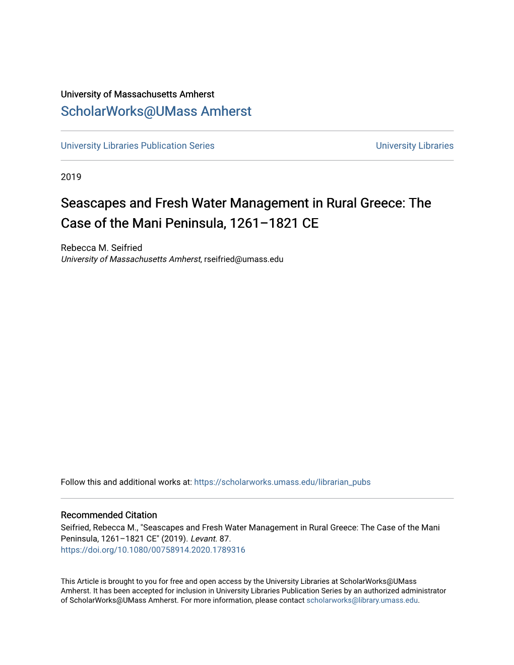 Seascapes and Fresh Water Management in Rural Greece: the Case of the Mani Peninsula, 1261–1821 CE