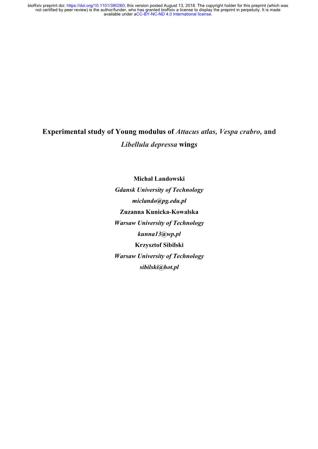 Experimental Study of Young Modulus of Attacus Atlas, Vespa Crabro, and Libellula Depressa Wings