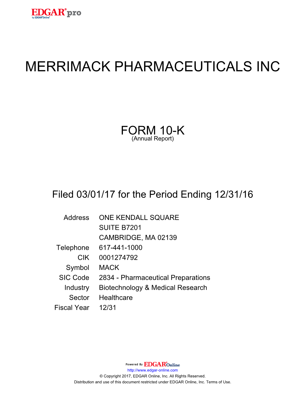 Merrimack Pharmaceuticals Inc