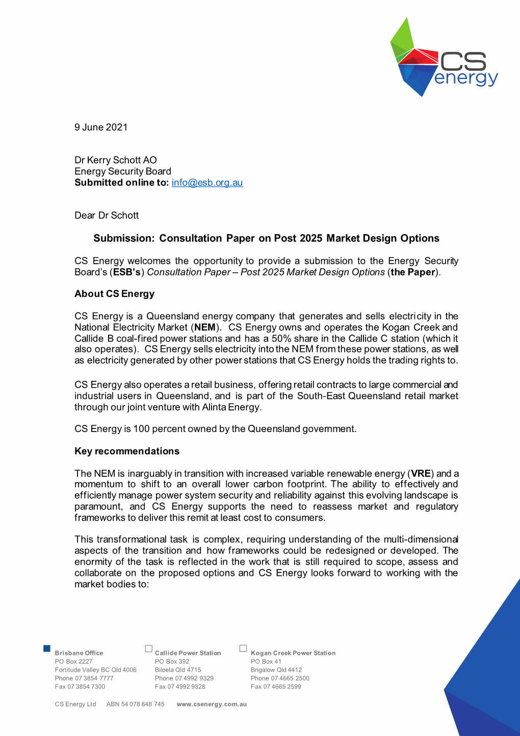 CS Energy Limited Response to P2025 Market Design Consultation Paper