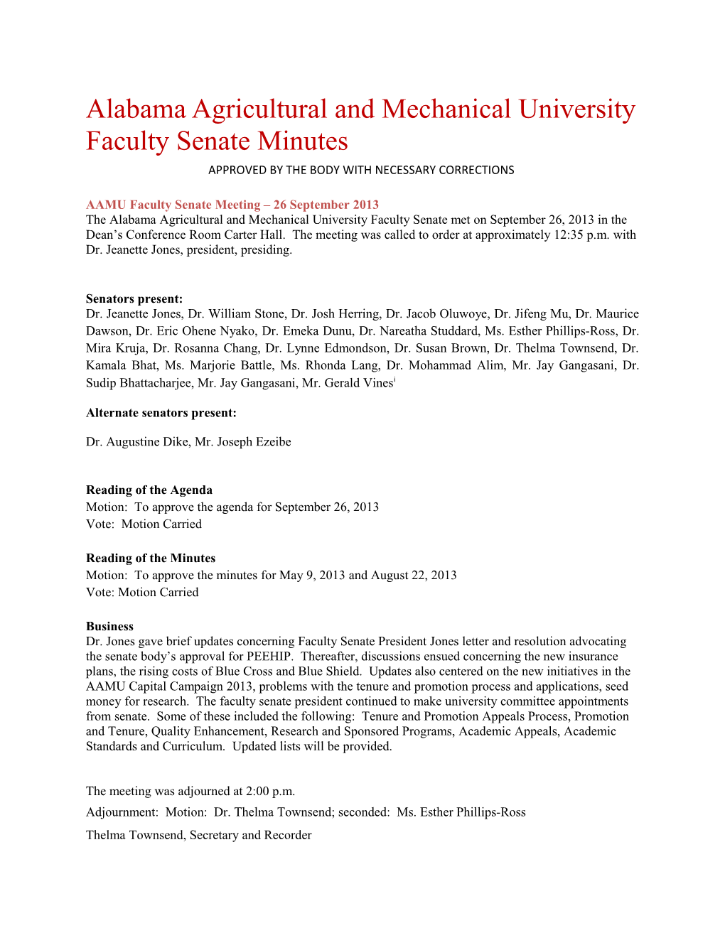 Alabama Agricultural and Mechanical University Faculty Senate Minutes