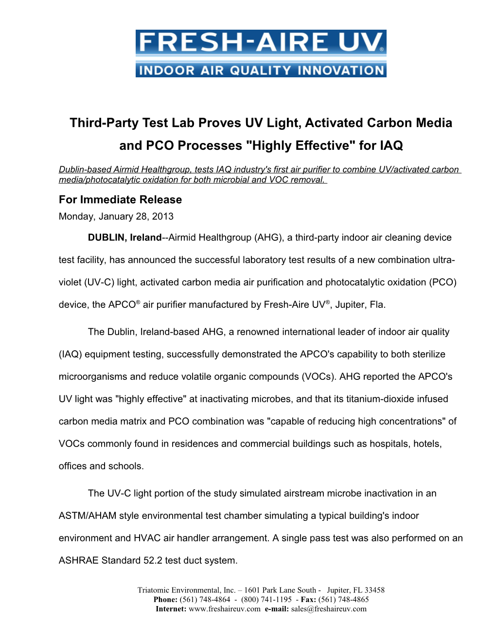 Third-Party Test Lab Proves UV Light, Activated Carbon Media and PCO Processes Highly s1