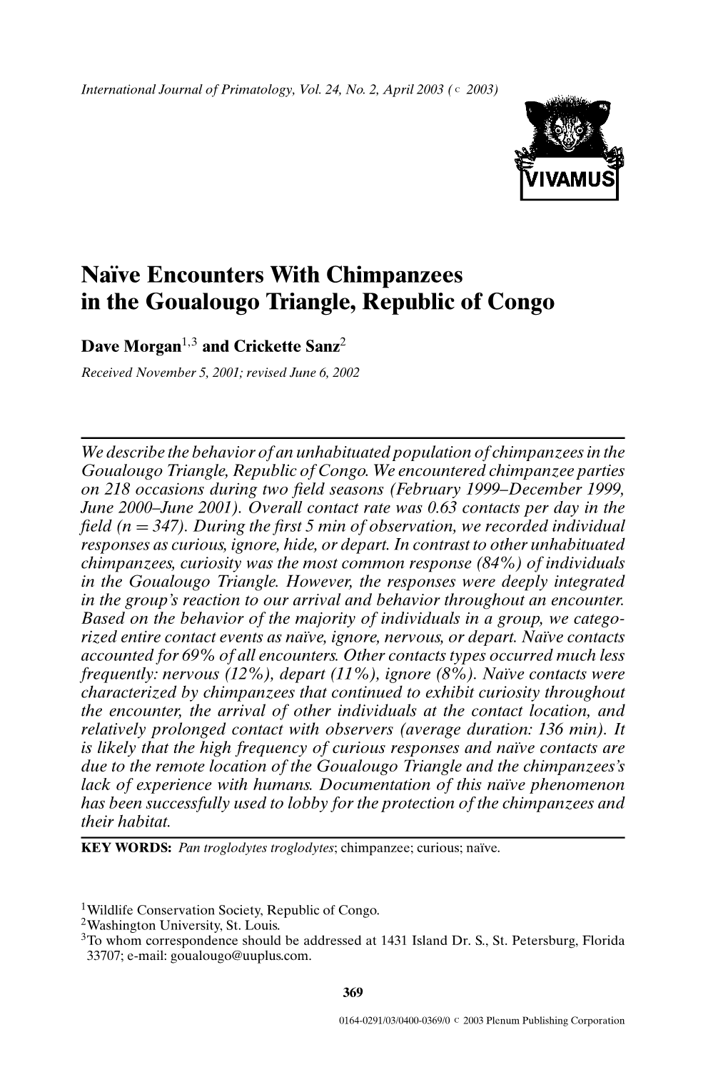 Naıve Encounters with Chimpanzees in the Goualougo Triangle