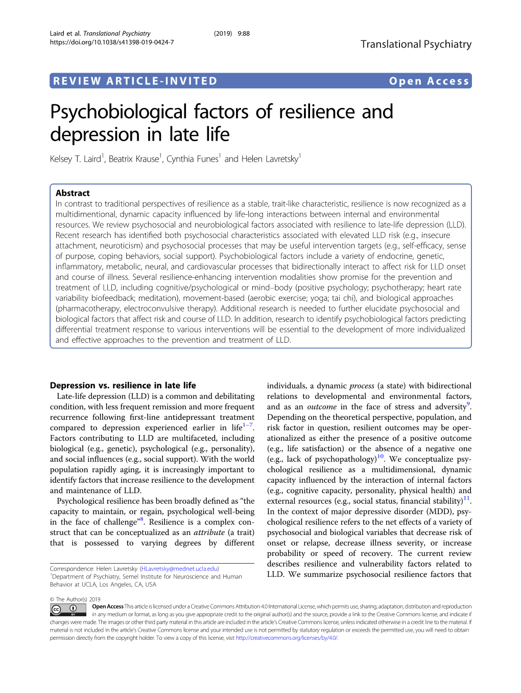 Psychobiological Factors of Resilience and Depression in Late Life Kelsey T