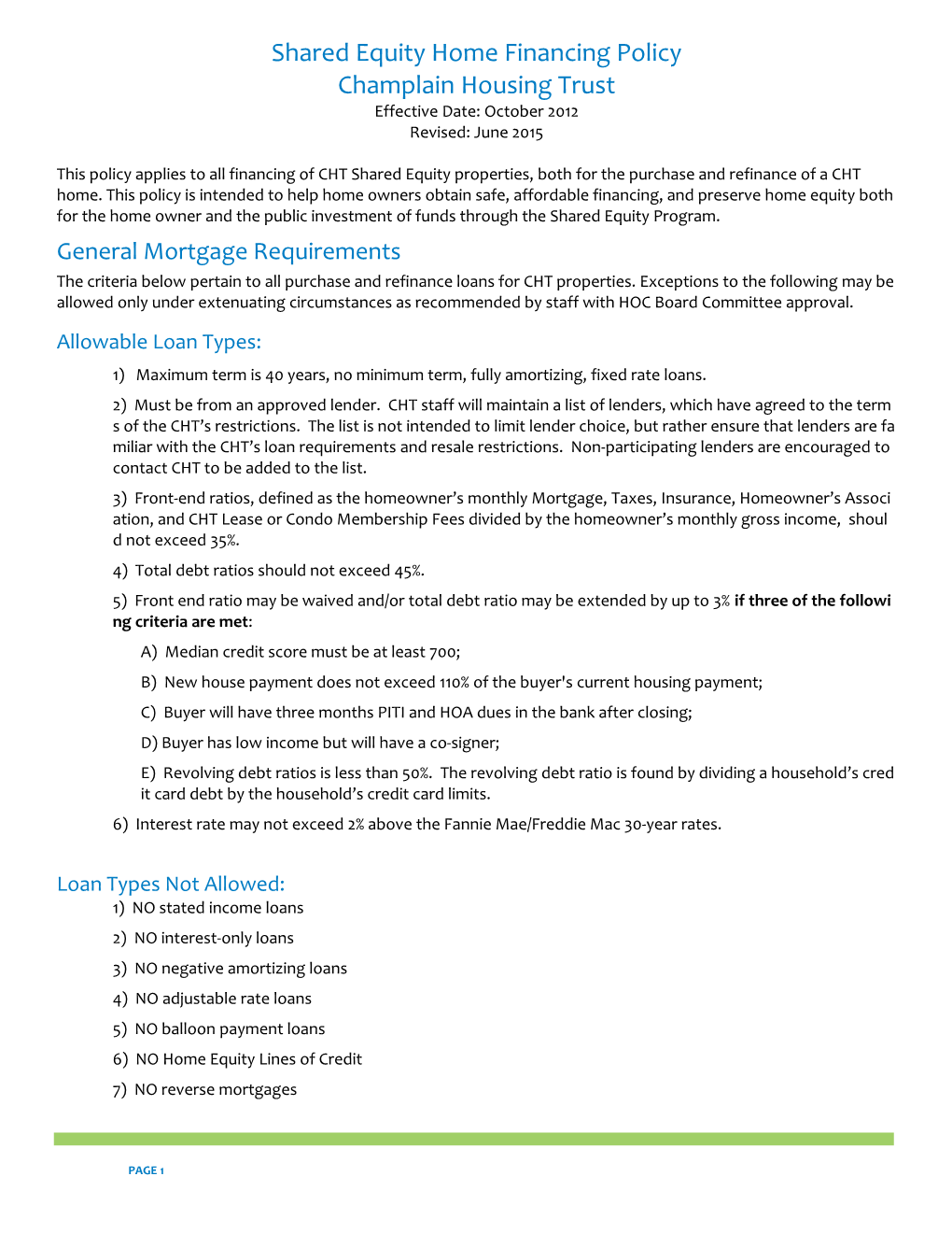 Shared Equity Home Financing Policy