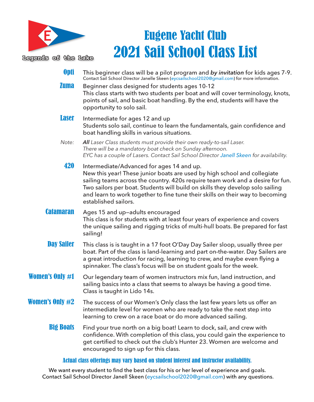 2021 Sail School Class List