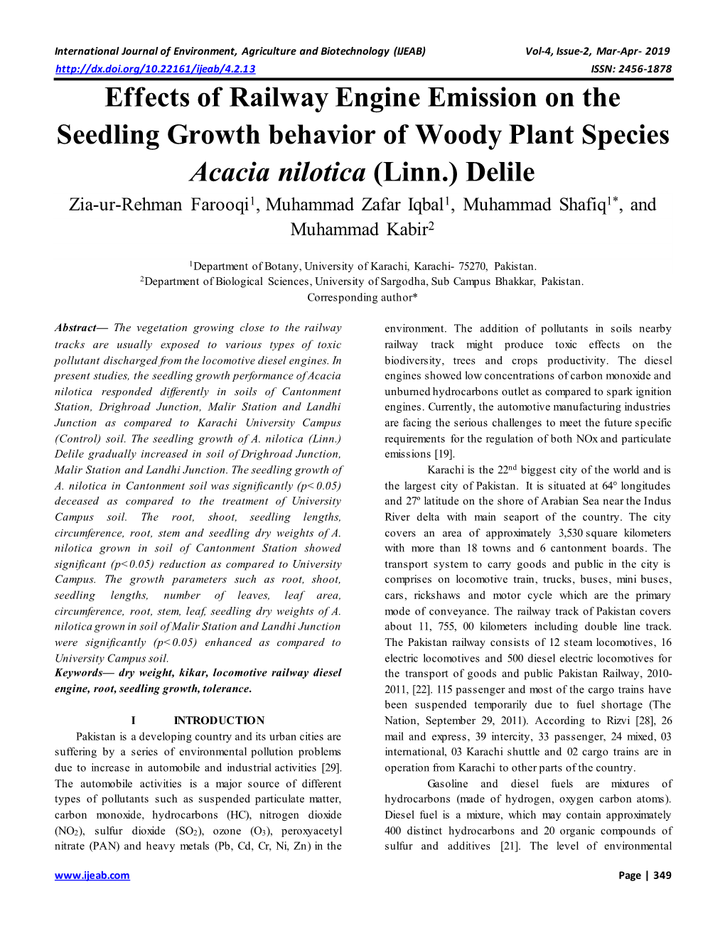 Effects of Railway Engine Emission on the Seedling Growth Behavior Of