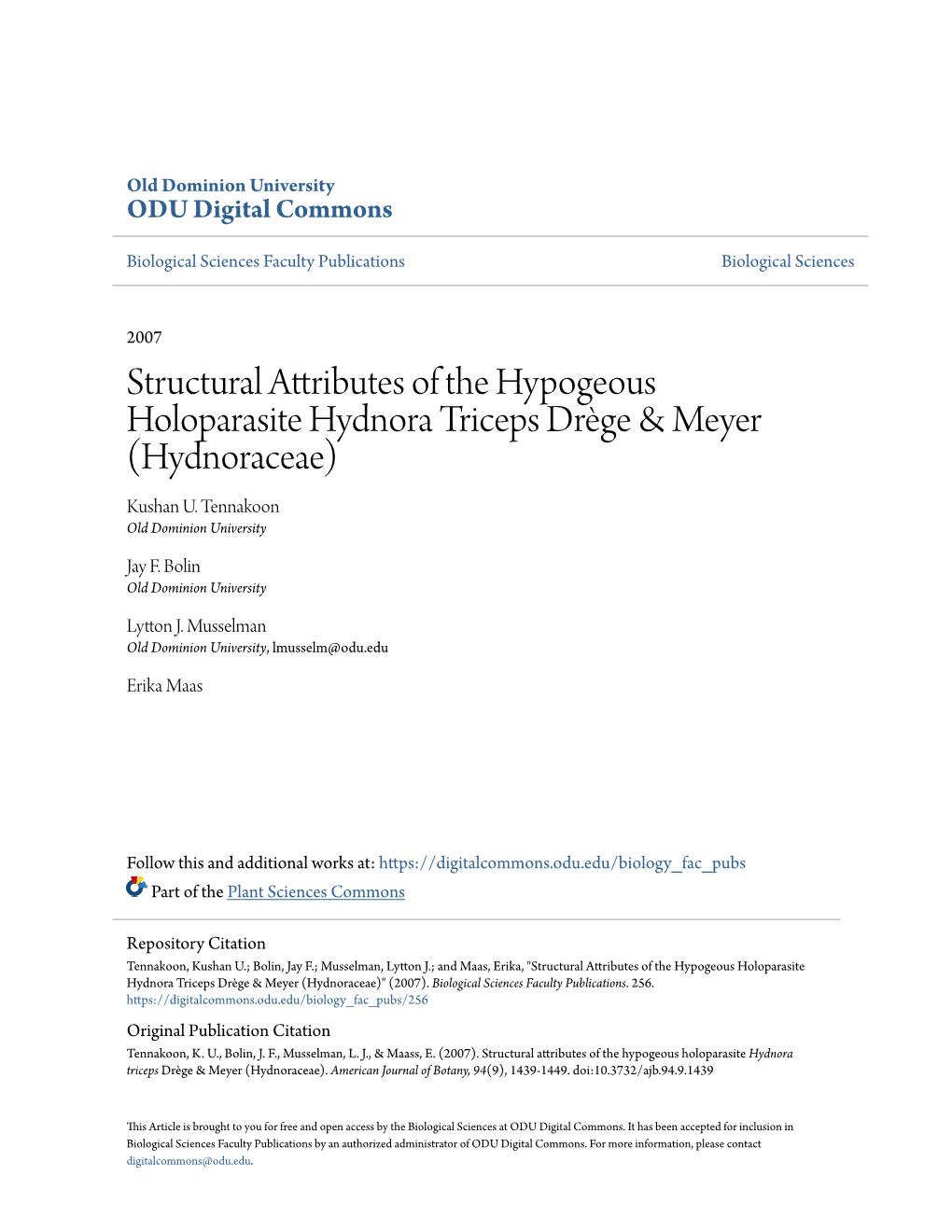 Structural Attributes of the Hypogeous Holoparasite Hydnora Triceps Drège & Meyer (Hydnoraceae) Kushan U
