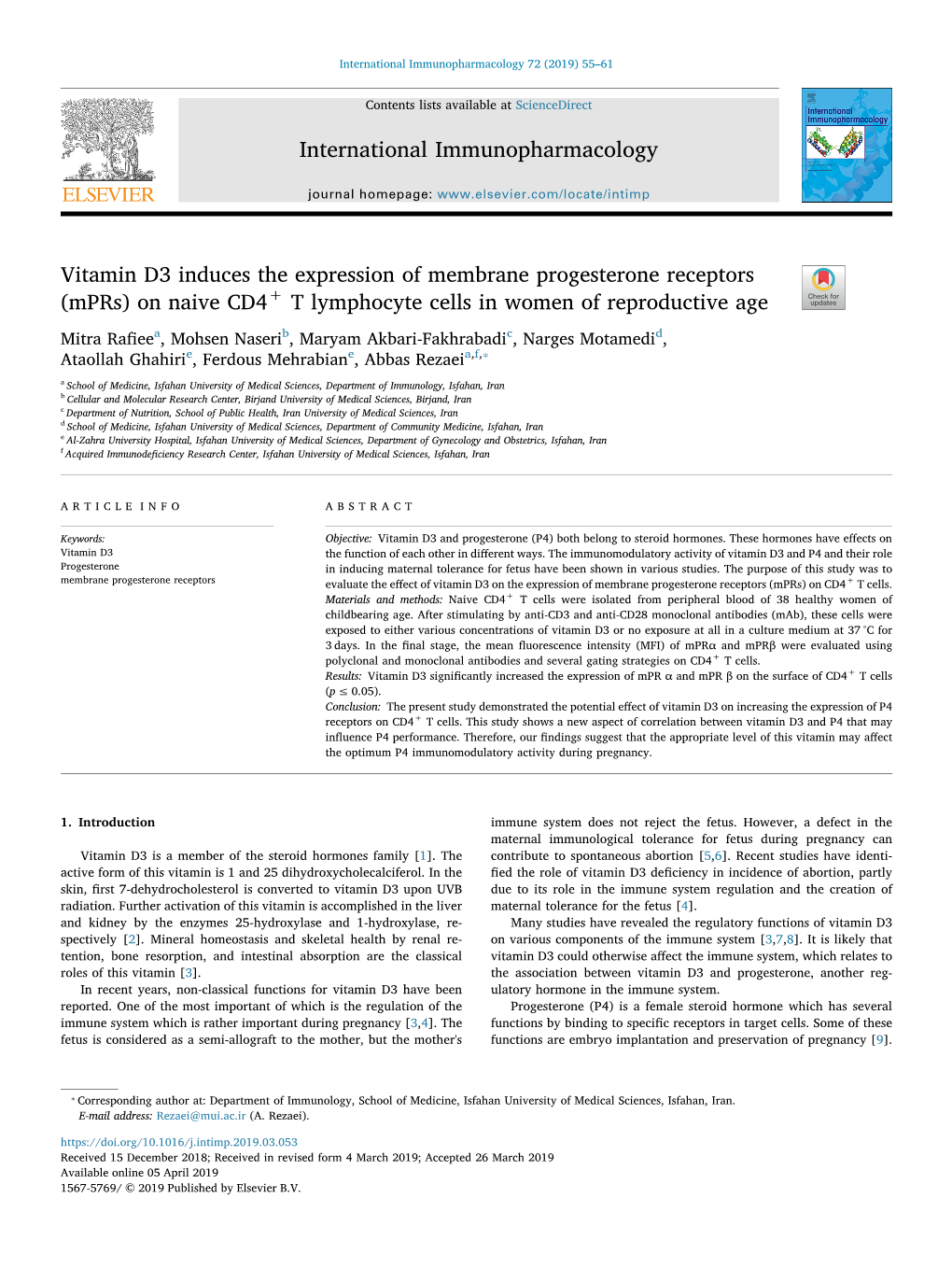 Vitamin D3 Induces the Expression of Membrane Progesterone Receptors (Mprs) on Naive CD4+ T Lymphocyte Cells in Women of Reproductive Age T