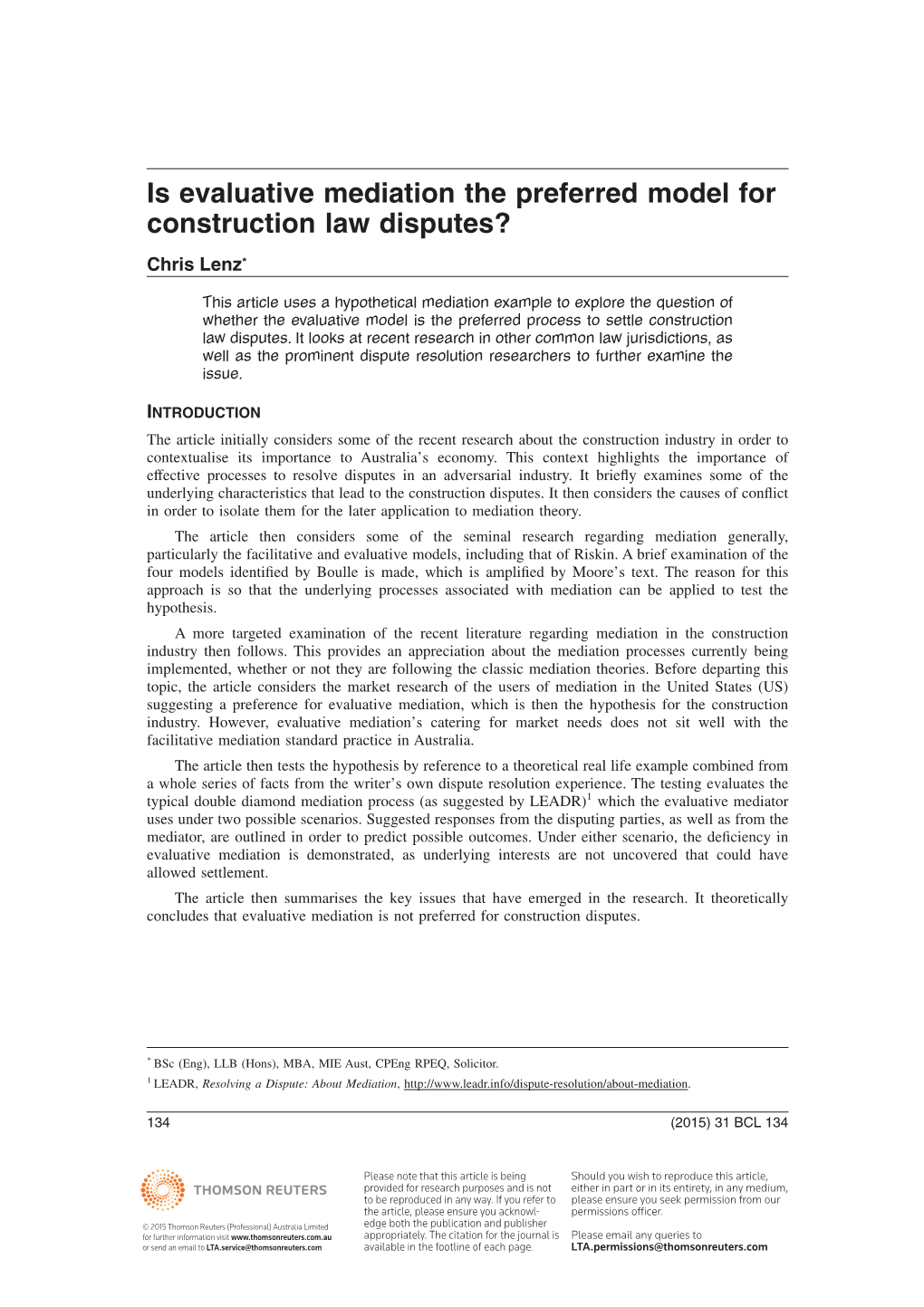 Is Evaluative Mediation the Preferred Model for Construction Law Disputes?