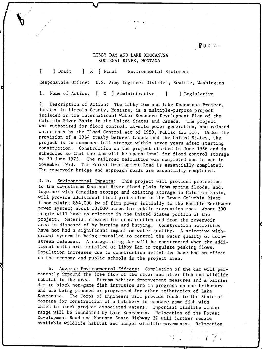 Libby Dam and Lake Koocanusa, Kootenai River, Montana, Impact Statement