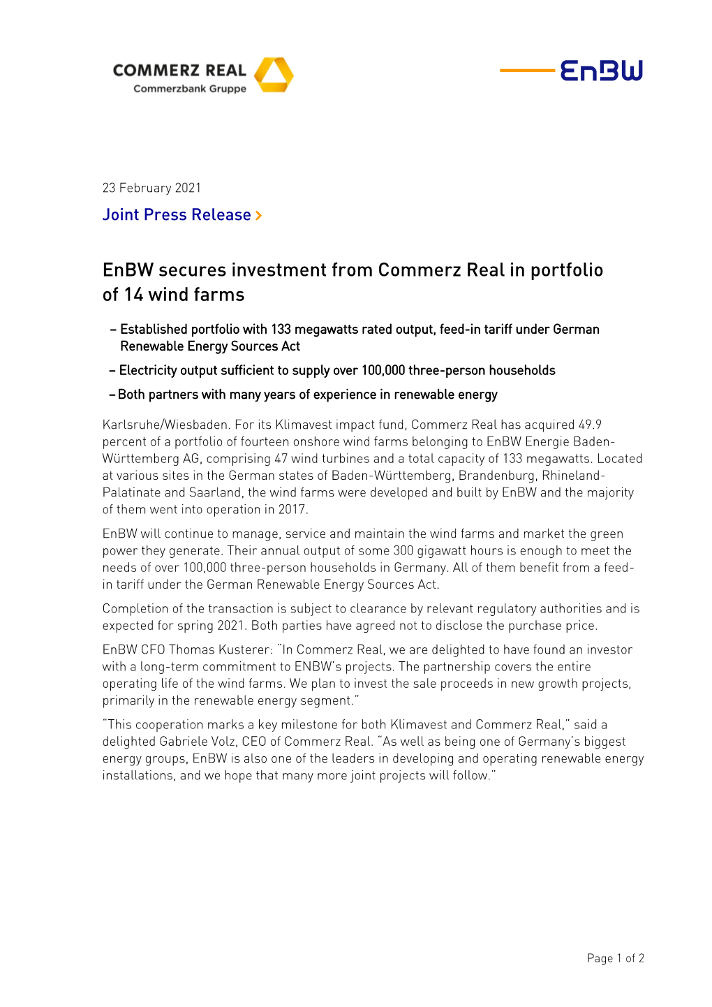 Enbw Secures Investment from Commerz Real in Portfolio of 14 Wind Farms