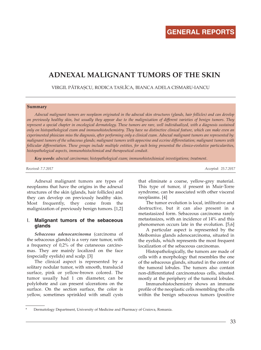 Adnexal Malignant Tumors of the Skin