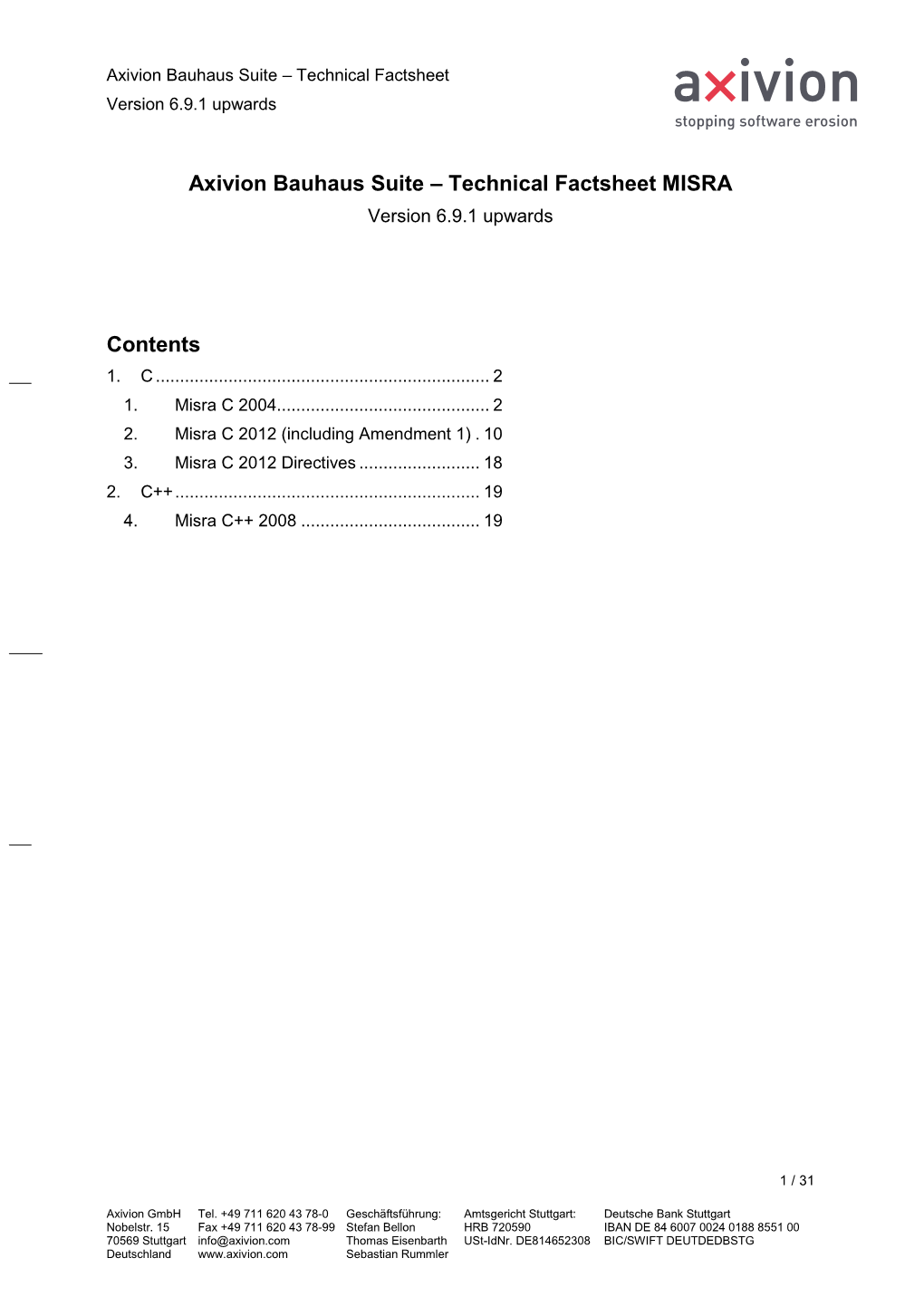 Axivion Bauhaus Suite – Technical Factsheet MISRA Version 6.9.1 Upwards