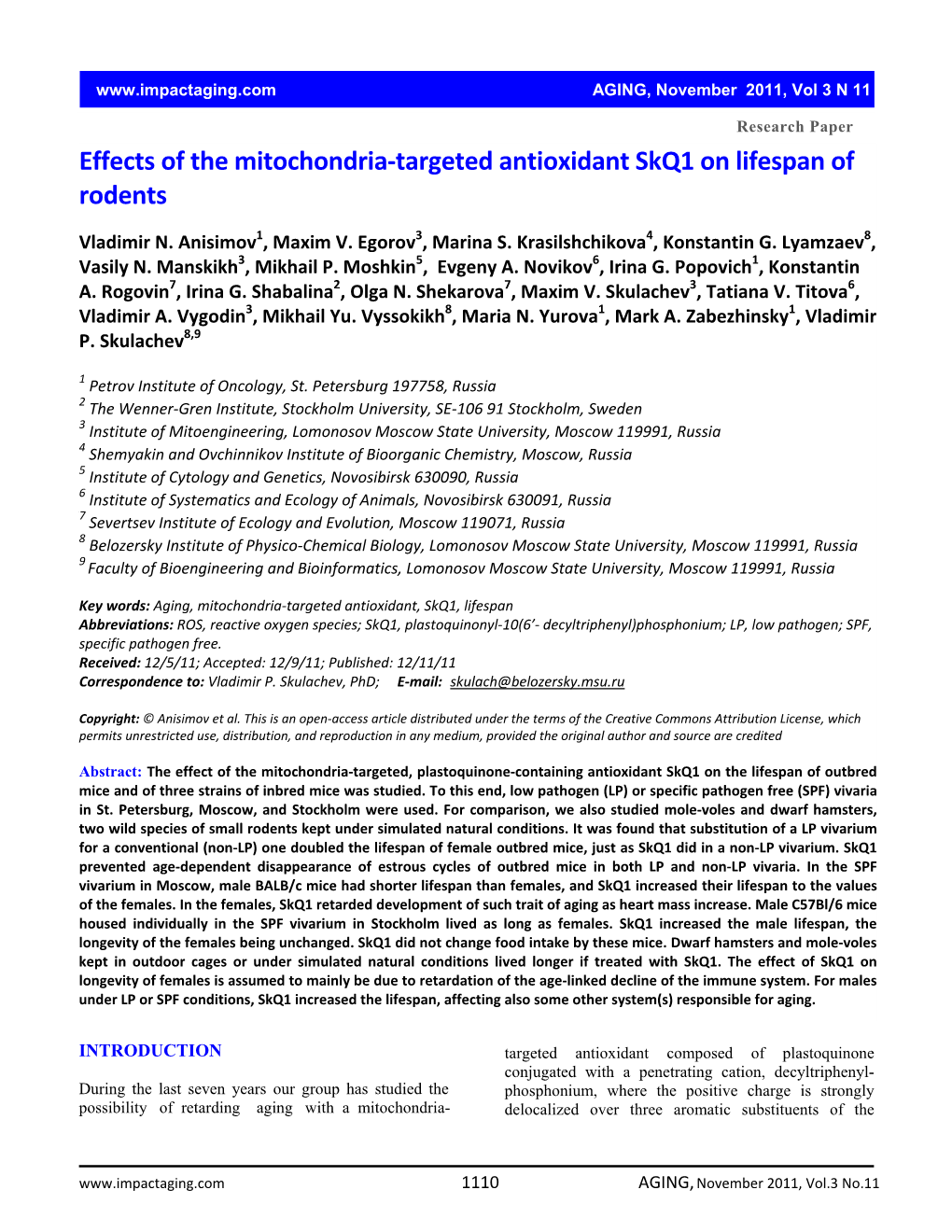 Effects of the Mitochondria-Targeted Antioxidant Skq1 on Lifespan Of