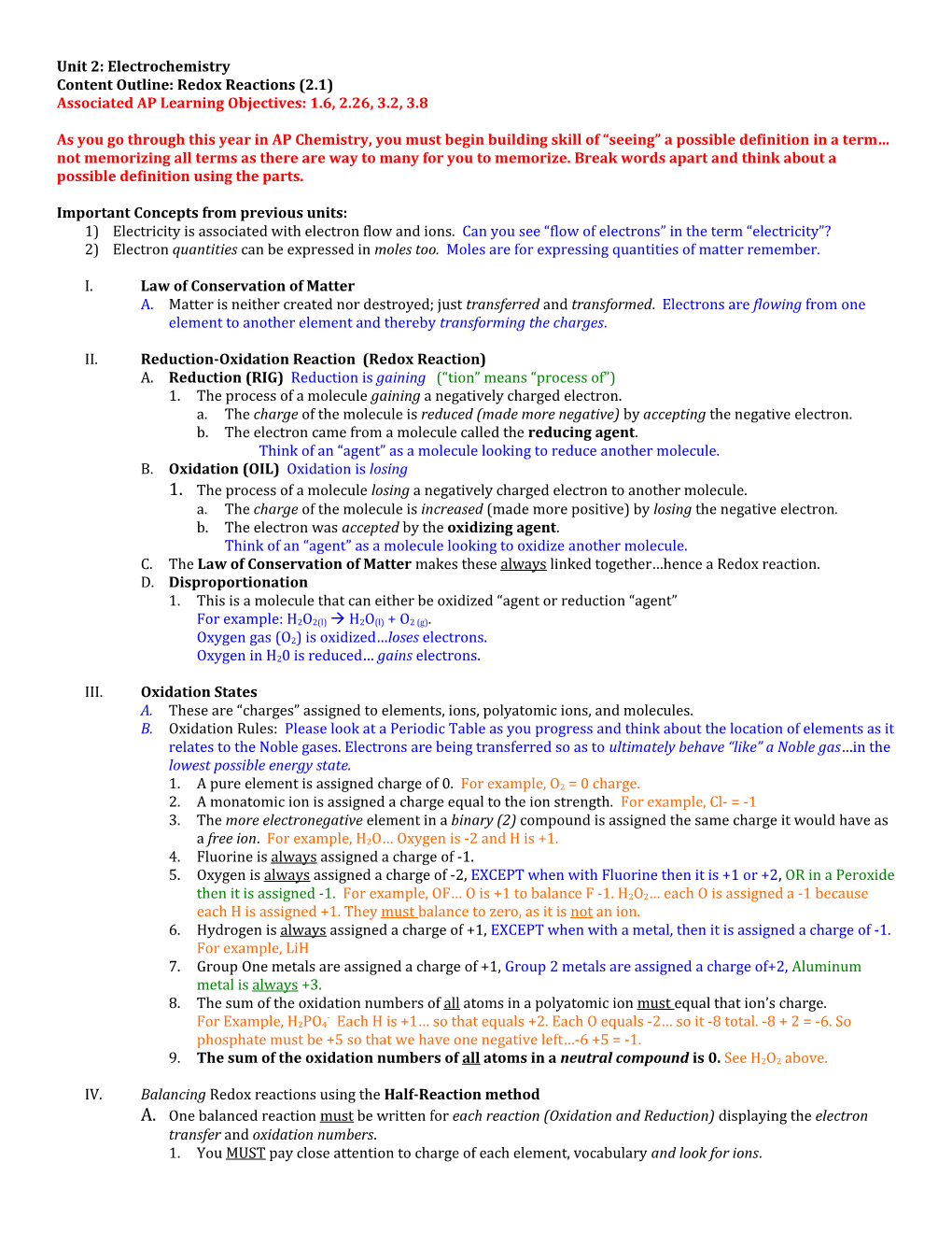 Content Outline: Redox Reactions (2.1)