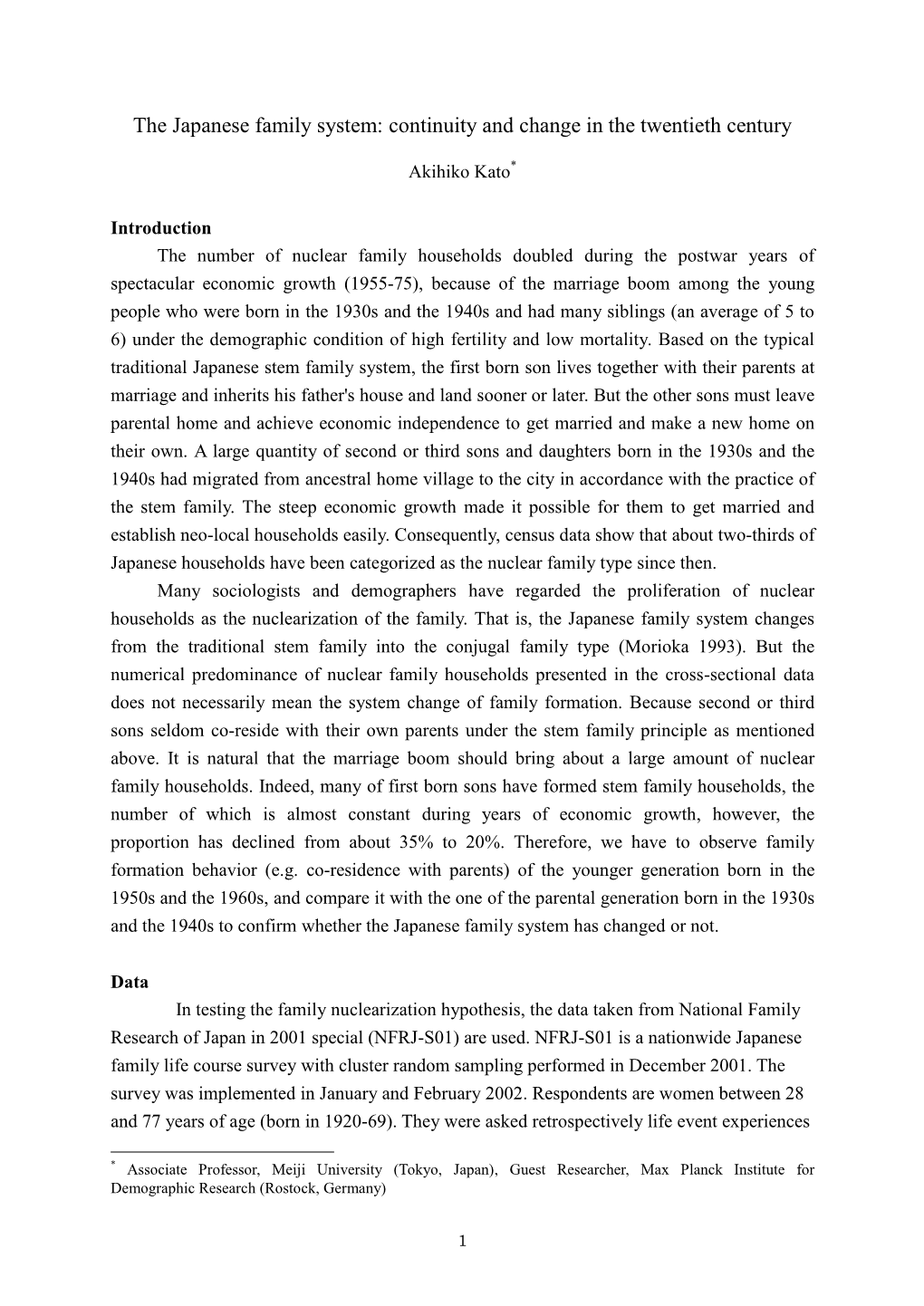 Continuity and Change in the Japanese Family System During the Past Half Century