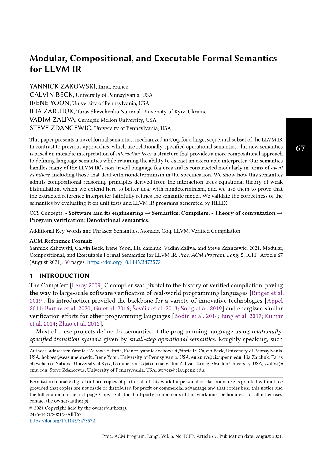 Modular, Compositional, and Executable Formal Semantics for LLVM IR