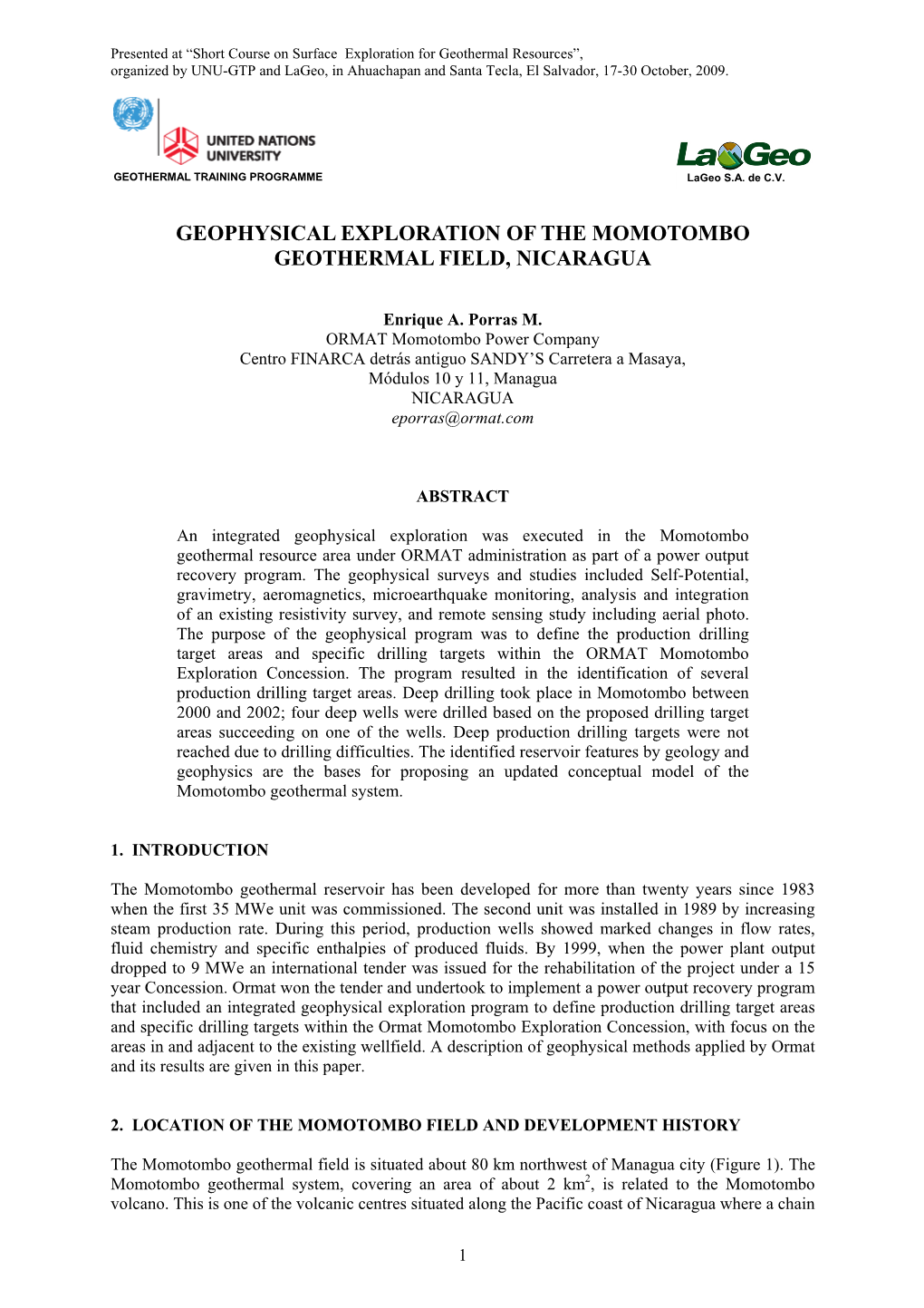 Geophysical Exploration of the Momotombo Geothermal Field, Nicaragua