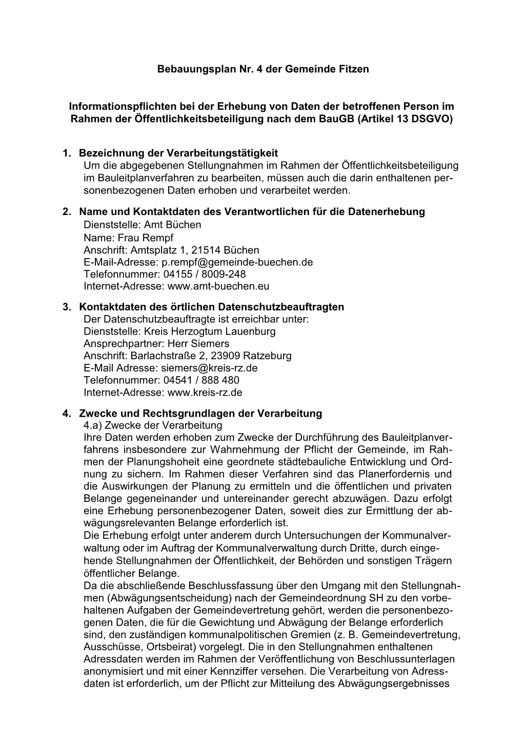 Infopflicht Zum Bebauungsplan Nr. 4 Der Gemeinde Fitzen