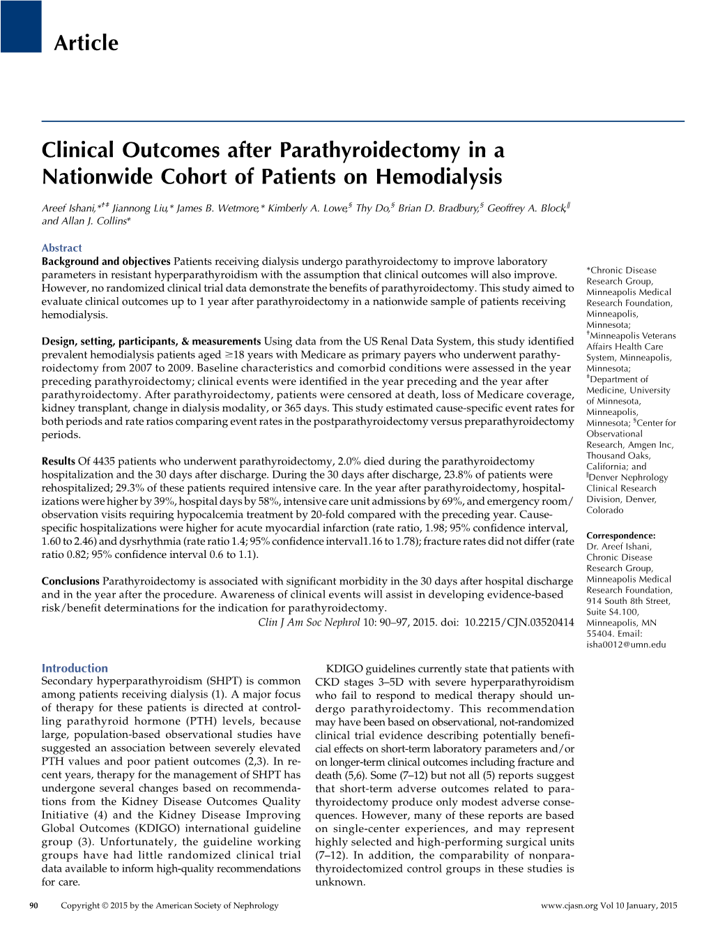 Article Clinical Outcomes After Parathyroidectomy in a Nationwide