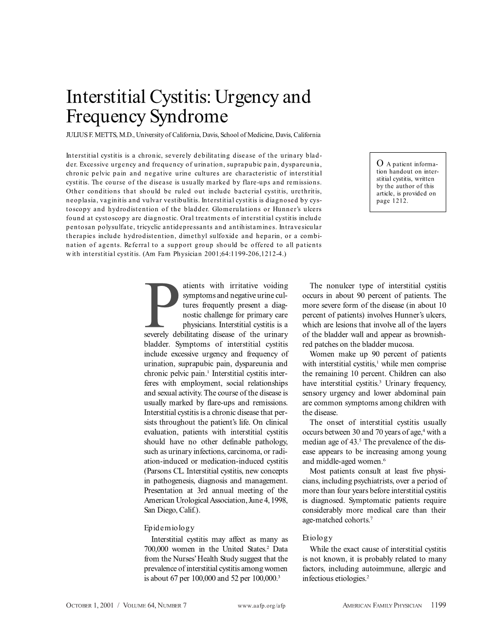 Interstitial Cystitis: Urgency and Frequency Syndrome JULIUS F