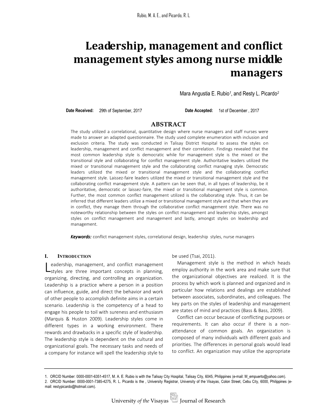 Leadership, Management and Conflict Management Styles Among Nurse Middle Managers