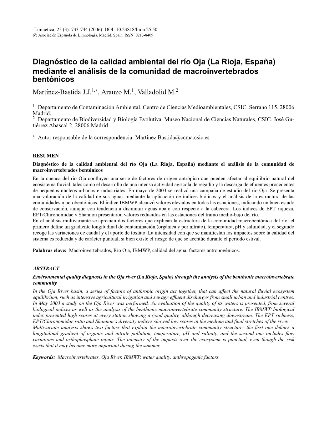 Calidad Ambiental Del Rio Oja a Partir De Macroinvertebrados Bentonicos