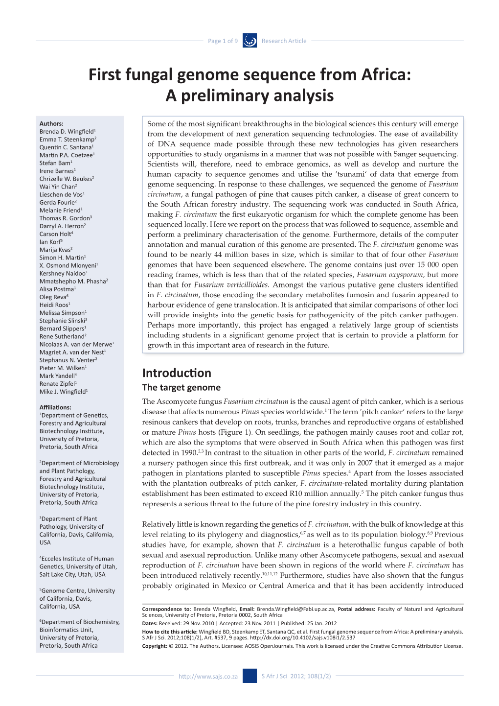 First Fungal Genome Sequence from Africa: a Preliminary Analysis