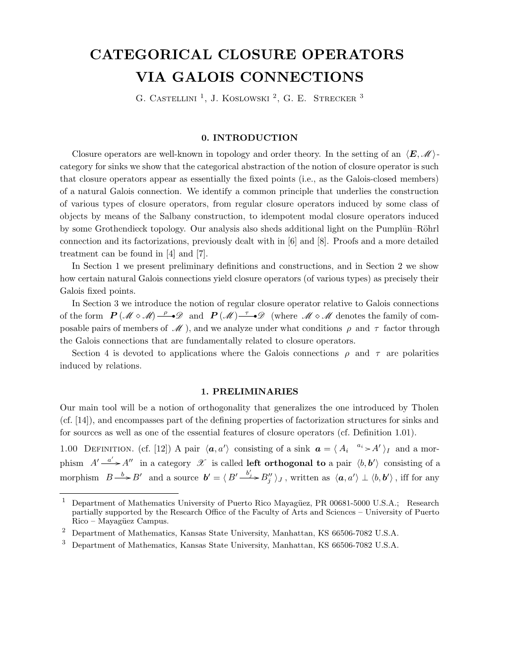 Categorical Closure Operators Via Galois Connections