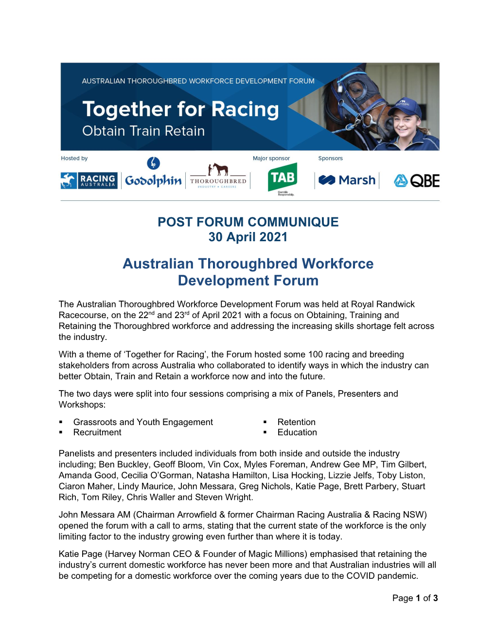 Australian Thoroughbred Workforce Development Forum