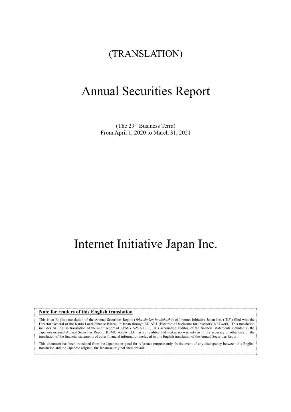 Annual Securities Report for FY2020