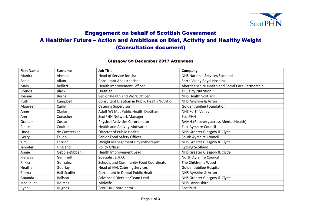 Engagement on Behalf of Scottish Government a Healthier Future – Action and Ambitions on Diet, Activity and Healthy Weight (Consultation Document)