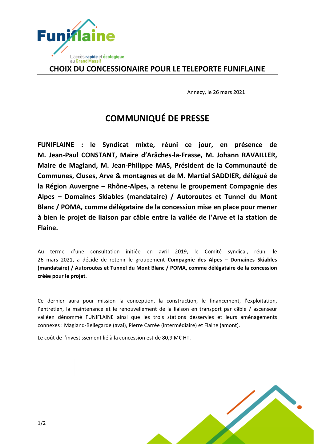 Communiqué De Presse Syndicat Mixte FUNIFLAINE 26 03 2021