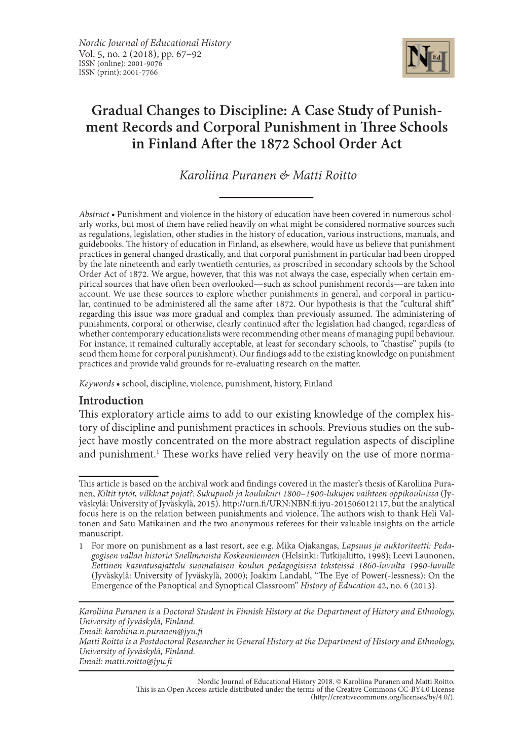 Ment Records and Corporal Punishment in Three Schools in Finland After the 1872 School Order Act