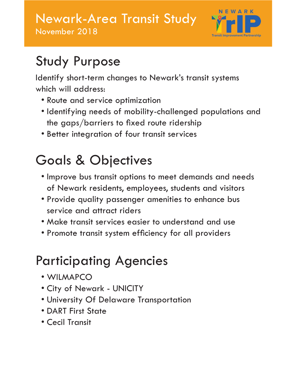 Newark-Area Transit Study Study Purpose Goals & Objectives