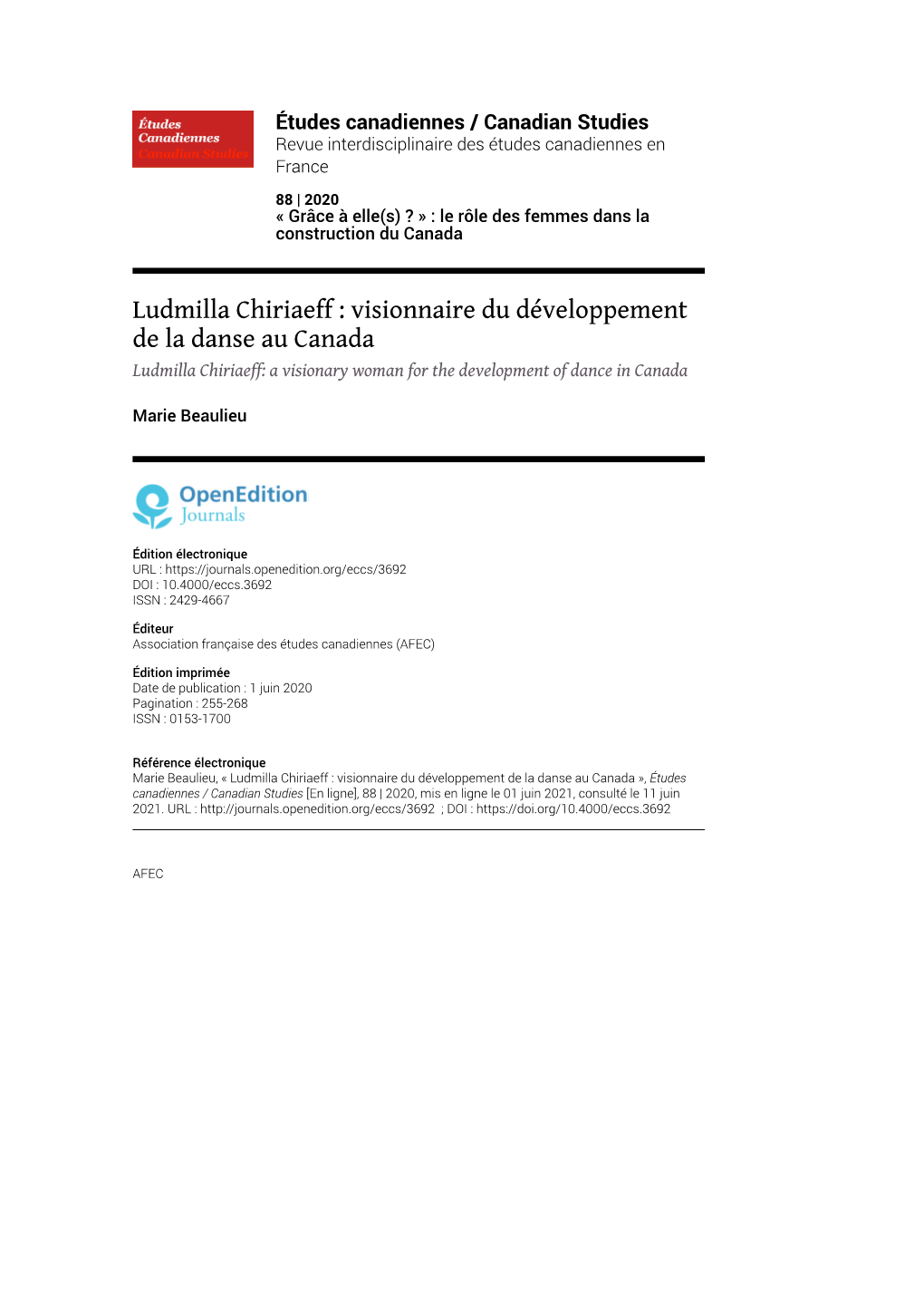 Ludmilla Chiriaeff : Visionnaire Du Développement De La Danse Au Canada Ludmilla Chiriaeff: a Visionary Woman for the Development of Dance in Canada