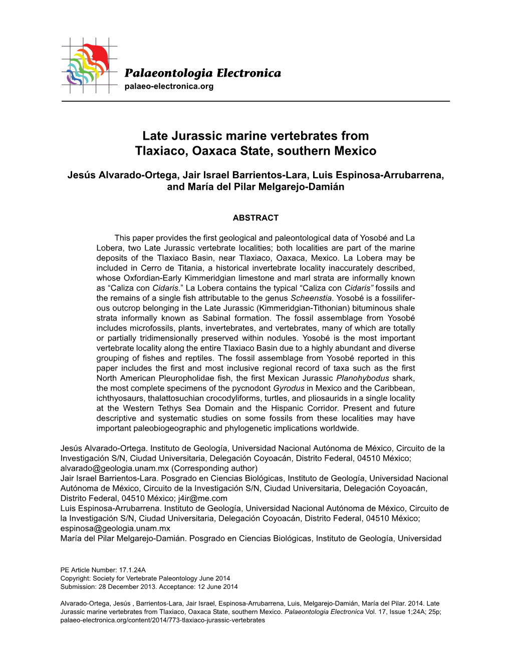 Late Jurassic Marine Vertebrates from Tlaxiaco, Oaxaca State, Southern Mexico