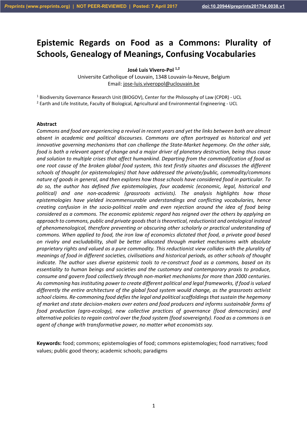 Epistemic Regards on Food As a Commons: Plurality of Schools, Genealogy of Meanings, Confusing Vocabularies