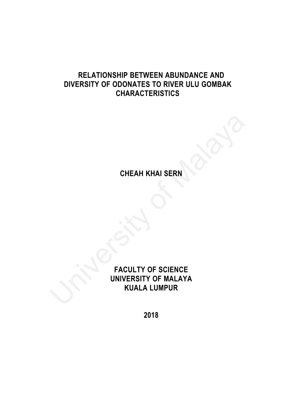 Relationship Between Abundance and Diversity of Odonates to River Ulu Gombak Characteristics