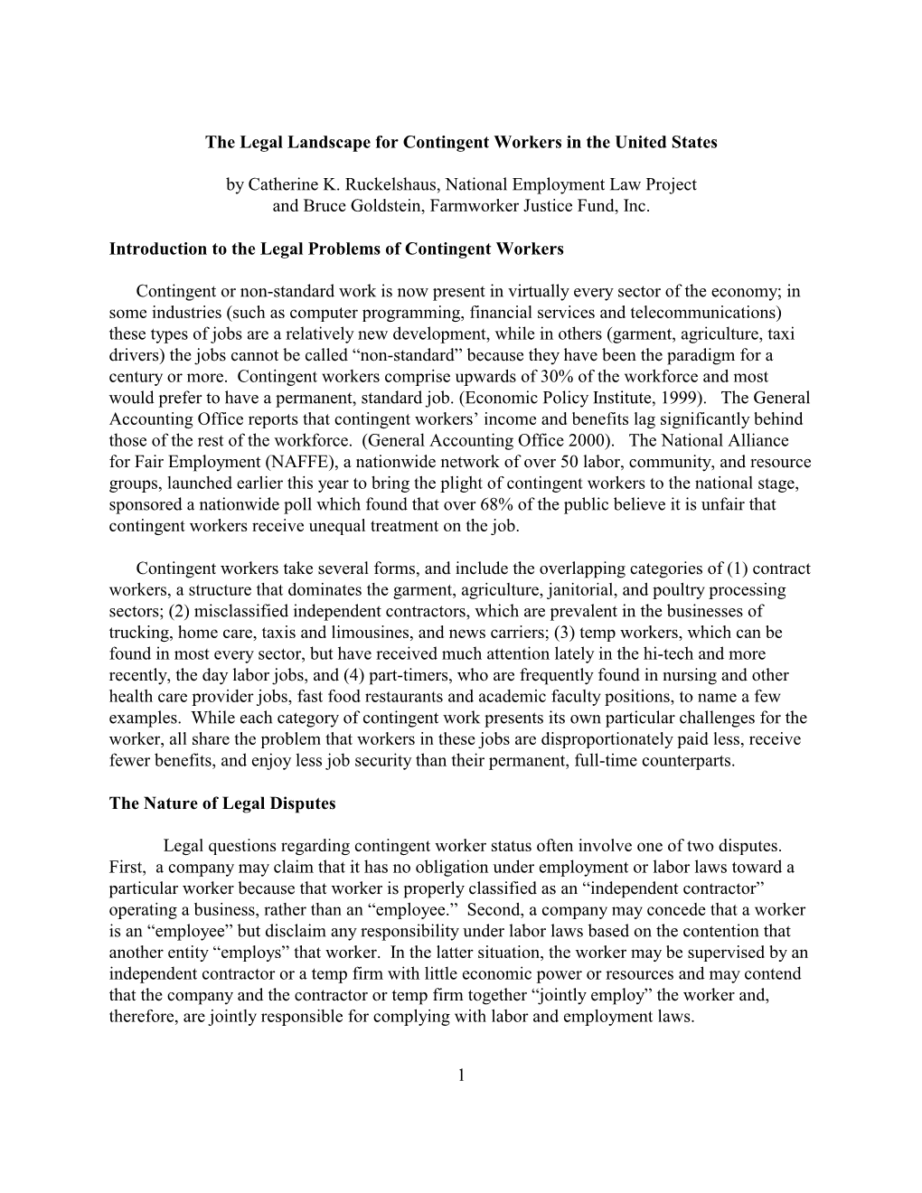 1 the Legal Landscape for Contingent Workers in the United States by Catherine K. Ruckelshaus, National Employment Law Project A