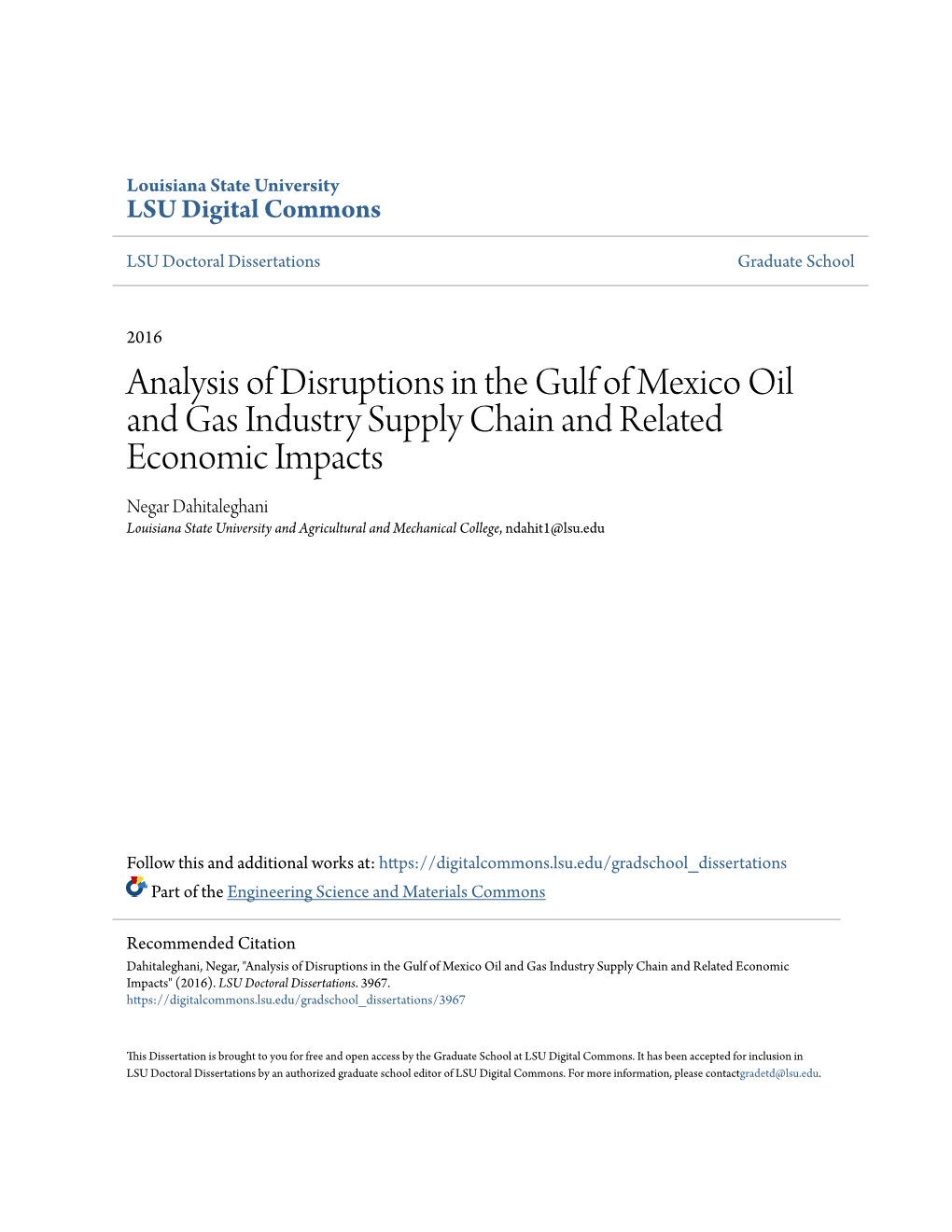 Analysis of Disruptions in the Gulf of Mexico Oil and Gas Industry Supply Chain and Related Economic Impacts
