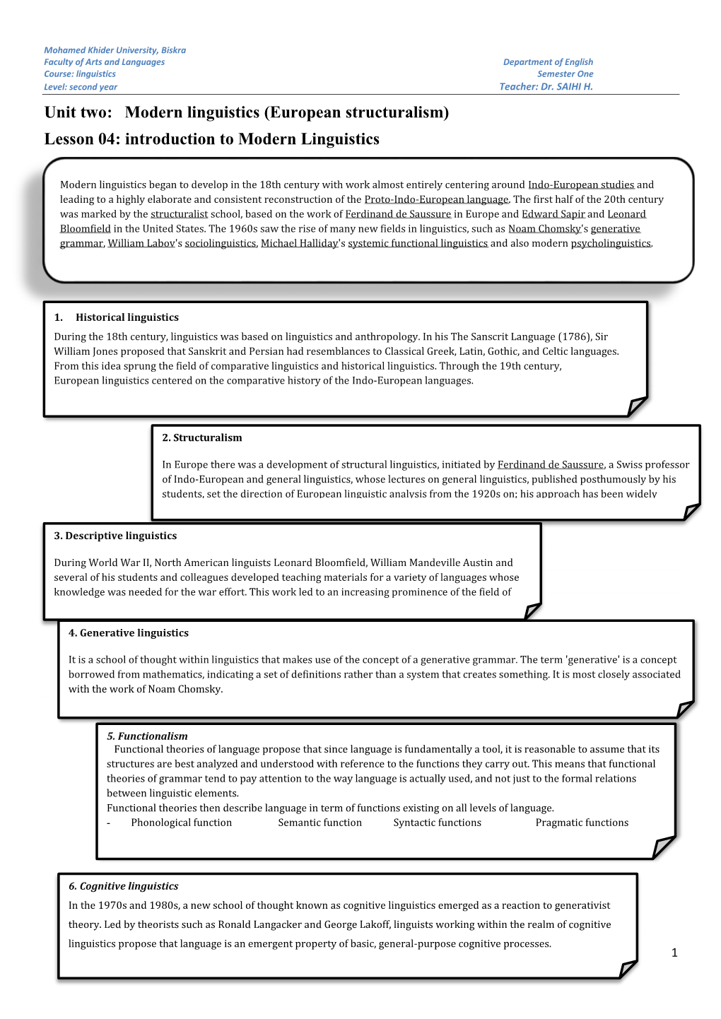 Unit Two: Modern Linguistics (European Structuralism) Lesson 04: Introduction to Modern Linguistics